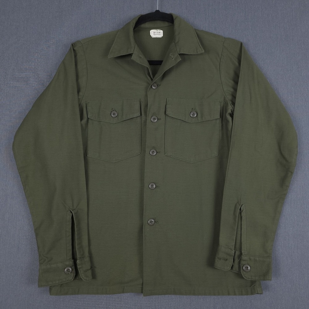 Vintage 70s OG-107 Utility Shirt Mens 15.5 x 35 Green Cotton Sateen 1976 Pollock